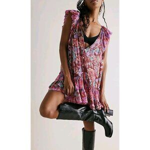Free People Mini Dress Rust Combo Floral Woodington Romantic Boho Ruffle Small
